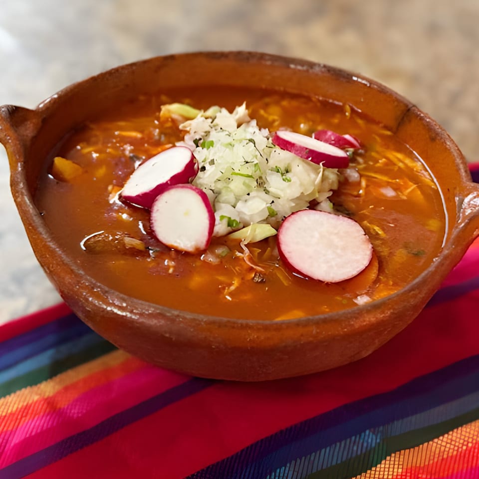 La Carreta's pozole in a rustic bowl, garnished with radishes and shredded cabbage, on a colorful striped cloth.