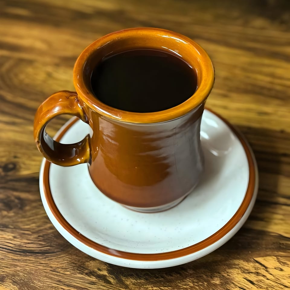 Dark coffee in a brown ceramic mug with a white saucer on a wooden table.