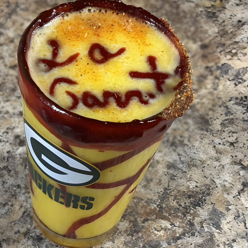 A La Carreta Mexican restaurant drink in a Green Bay Packers cup with "La Carreta" written in sauce.